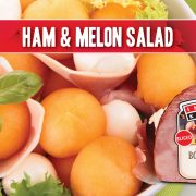 ham melon salad featuring cantaloupe melon, fresh mozzarella cheese and Indiana Kitchen ham!