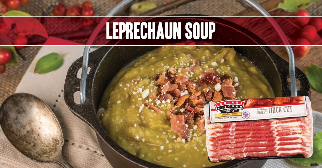 leprechaun soup featuring peas, corn, chicken broth, lettuce, onion and Indiana Kitchen bacon
